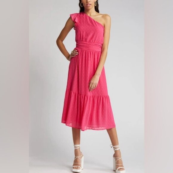 Chelsea28 Dresses & Skirts - NWT Women's CHELSEA 28 Swiss Dot One-Shoulder Midi Dress "Pink Rouge" |‎ Size M